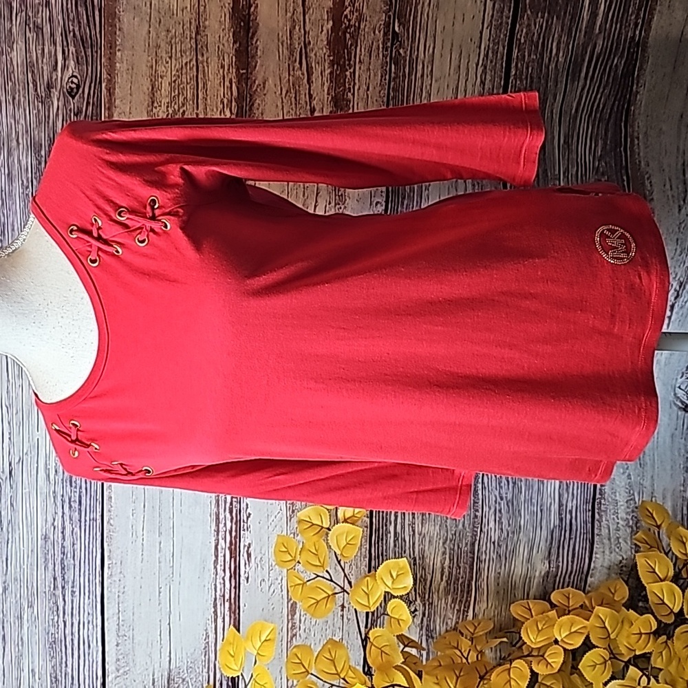NEW MICHAEL MICHAEL KORS RED 3/4 SLEEVE CRISS-CROSS PULLOVER TOP TEE